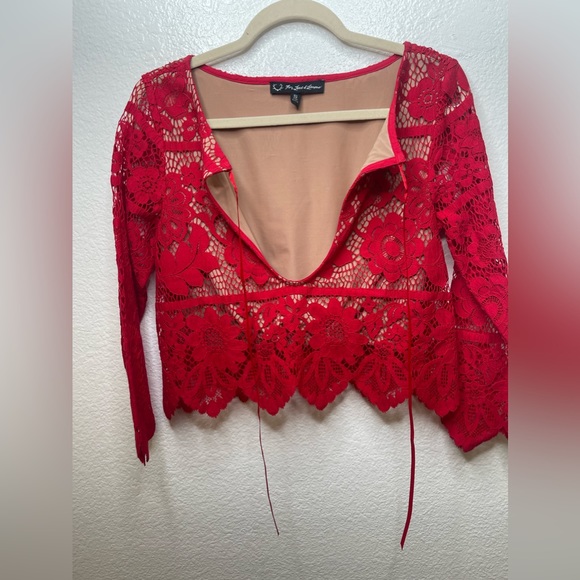For Love and Lemons Gianna red lace top crop with attached lining Sz small - Picture 11 of 12